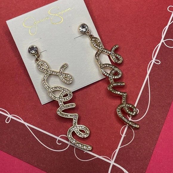 NWT Jessica Simpson LOVE Earrings, Goldtone Crystal Sparkly Valentine’s Day - Picture 3 of 5